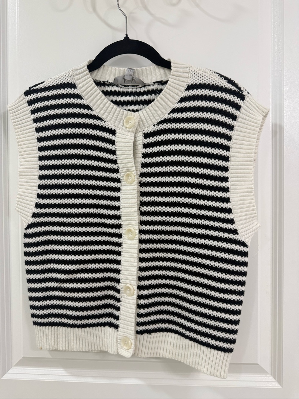 Marled Black & White Striped Knit Button-Front Sweater Vest